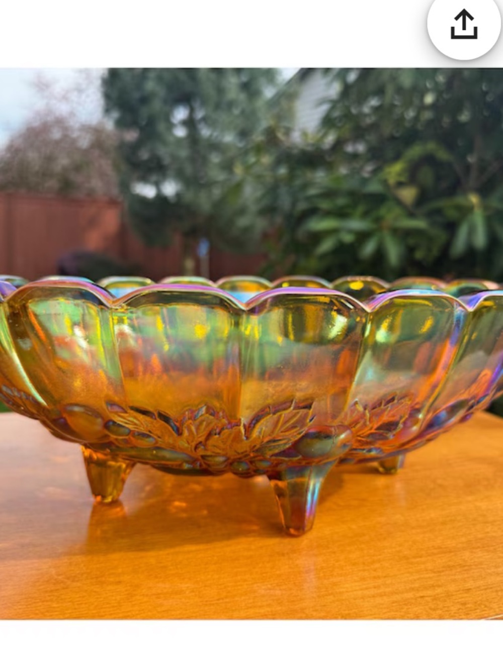 Rare vintage find Iridescent Carnival Glass Footed Bowl Grape Harvest